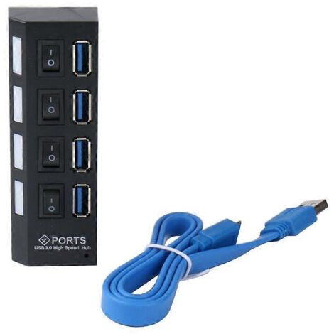 Hub USB 3.0 à 4 ports avec adaptateur secteur et interrupteur marche/arrêt. (1/5)