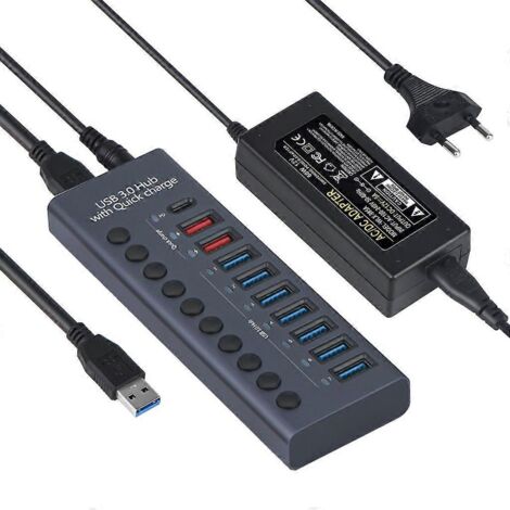 Hub USB 10 ports - Hub USB 3.0 - Répartiteur en aluminium - Adaptateur secteur 12 V 5 A 60 W - UE (1/5)