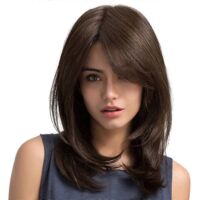 Women Hair Wigs Natural Wave Dark Brown Side Parting with Bangs--