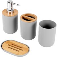 Ensemble d'accessoires de salle de bain : distributeur de savon, flacon et porte-savon, gris.