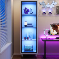 Vitrine en verre LED, hauteur 170 cm – vitrine autoportante blanche avec socle, verre teinté et éclairage changeant de couleur – vitrine, bibliothèque, cave à vin