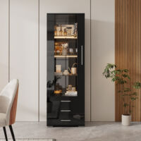 Vitrine noire brillante, vitrine en verre sur pied avec éclairage LED, vitrine verticale à 3 tiroirs, 60x35x180cm