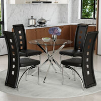 Tisch- und Stuhlset. 88 cm luxuriöser Esstisch aus gehärtetem Glas + 4 schwarze Esszimmerstühle mit geometrischem Lochmuster aus PU-Leder. Modernes schlichtes 1-Tisch-4-Stühle-Set.