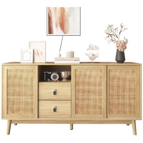 Buffet à 3 portes coulissantes en rotin véritable et 2 tiroirs, 155 x 38 x 80 cm, respirant, stable et polyvalent (1/5)
