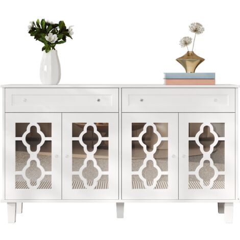 Buffet à quatre portes miroir, commode à tiroirs, étagères réglables et poignées en cristal (1/5)