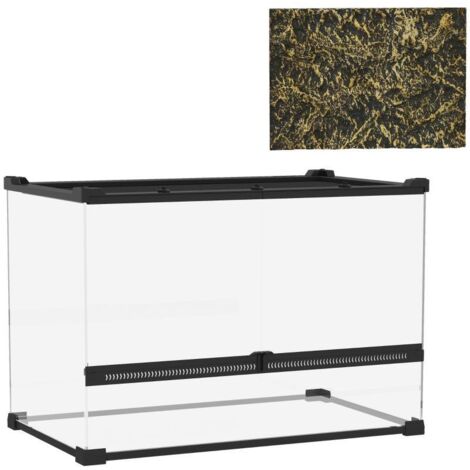 Terrarium Reptile 48L avec Aération Frontale, Paroi Effet Pierre et Fermeture Rotative, 50 x 30 x 35 cm, Noir