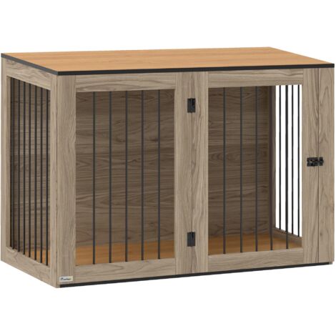 Meuble-cage pour chien, 106x60x76 cm, avec porte et fenêtre, maison pour grands chiens jusqu’à 30 kg, acier, finition chêne. (1/5)