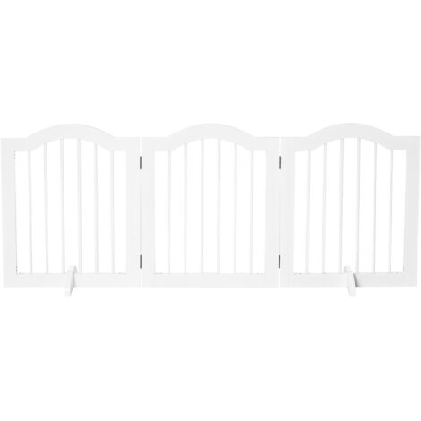 Grille de sécurité pour chien 3 éléments, pliable, robuste, MDF blanc, avec pieds de support, 154,5x29,5x61 cm. (1/5)
