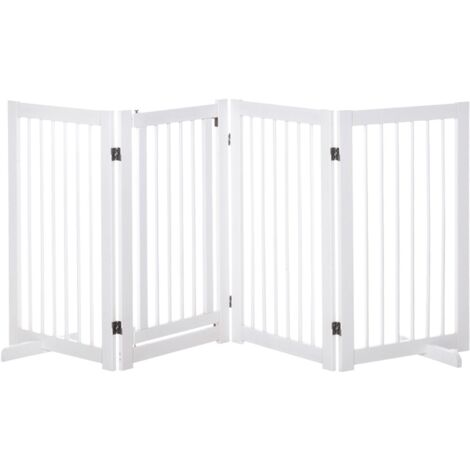 Barrière pour Chiens 4 Panneaux 220 x 91 cm, Pliable avec Porte, Autoportante avec Pieds, Bois, Blanc (1/5)