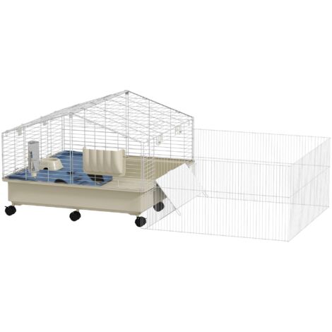 Cage et parc pour rongeurs, avec rampe, biberon, mangeoire et roulettes, idéale pour lapins, cochons d’Inde et hérissons.