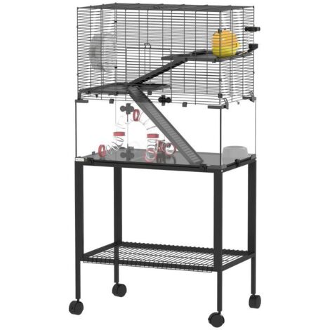 Enclos pour Rongeurs 3 Étages avec Roue, Maison, Rampes, Nourrisseur et Biberon, Noir, Acier et Plastique (1/5)