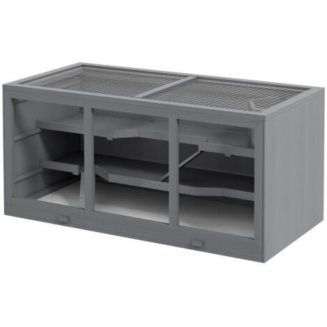Cage pour petits rongeurs 3 niveaux, en bois, avec escaliers et maison, hamster et souris, 115x57x55 cm, gris.