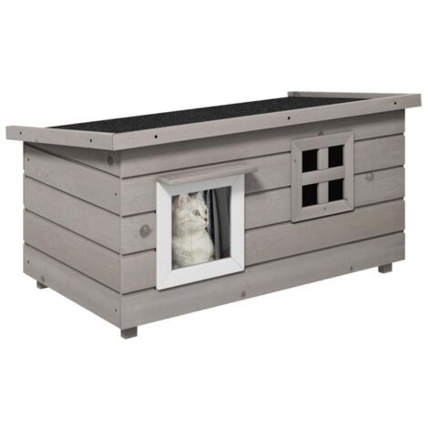 Niche pour Chat Extérieur en Bois Étanche, Toiture Asphalte, Fenêtre et Couvercle Ouvrable, 87 x 52 x 44 cm, Gris