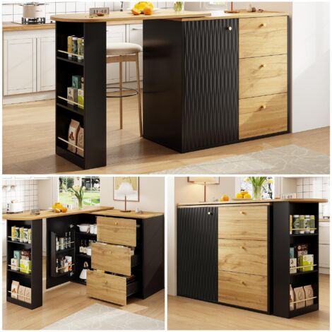 Bar/table haute 138-204x39x104 cm, pivotante et extensible, rangement intégré, étagères, style bois pour cuisine ou salle à manger. (1/5)