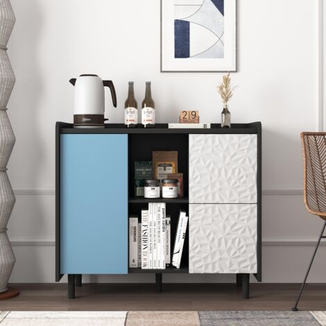 Sideboard Moderne Noir avec Portes Bleues, 2 Tiroirs à Panneaux Uniques et 2 Étagères Ouvertes, Meuble Bar et Rangement pour Cuisine (1/5)