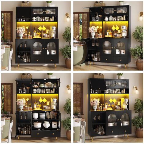 Meuble haut moderne noir, LED intégrée, prises USB, tiroir, étagères en verre, panneau perforé, pour cuisine et salon. (1/5)