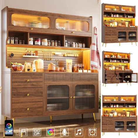 Meuble haut fin pour cuisine ou salon, 145x39x171 cm, LED smart, tiroir, étagères en verre et panneau perforé, noyer. (1/5)