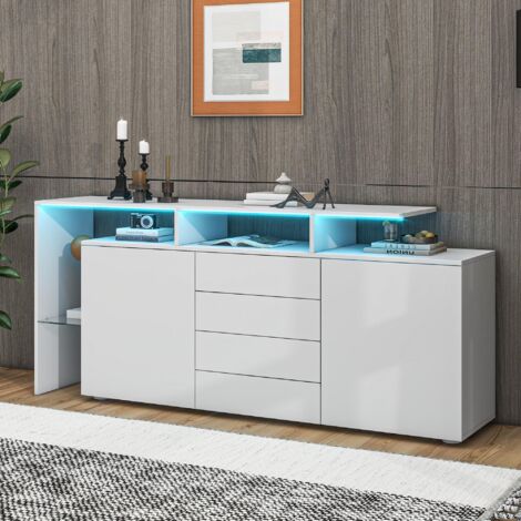 Meuble de salon blanc brillant, LED intégrée, highboard multifonction, rangement pour TV et buffet. (1/5)