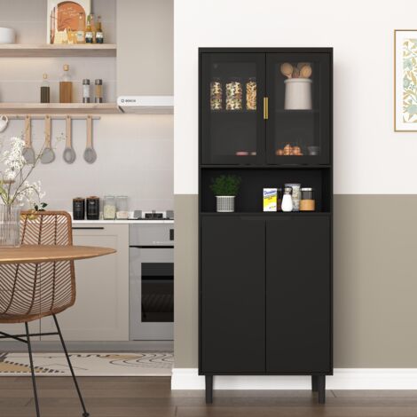 Bibliothèque haute avec porte en verre trempé et étagère réglable, 4 portes, meuble en MDF laqué, noir, rangement pour salon et chambre
