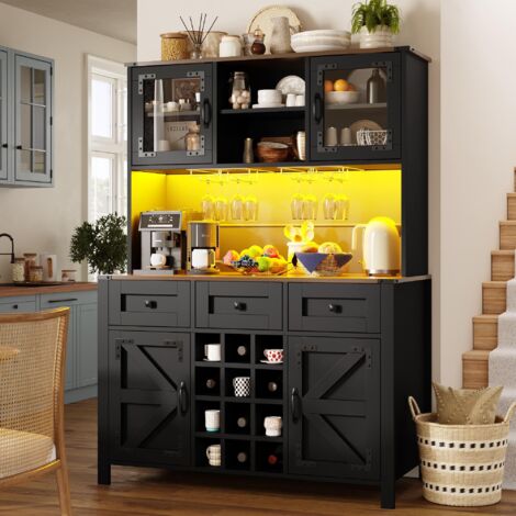 Meuble de cuisine noir 120x40x170 cm, LED intégrée, 4 portes, 3 tiroirs, sideboard avec prises USB et rangement. (1/5)
