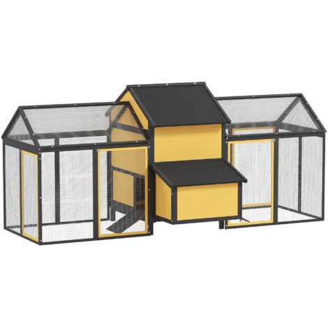 Poulailler/clapier pour petits animaux avec 2 enclos extérieurs, 1 pondoir, 2 rampes, toit en asphalte, résistant aux intempéries, jaune (1/5)
