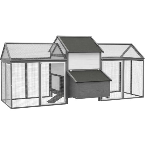 Poulailler/clapier pour petits animaux avec 2 enclos extérieurs, 1 pondoir, 2 rampes, toit en asphalte, résistant aux intempéries, gris (1/5)