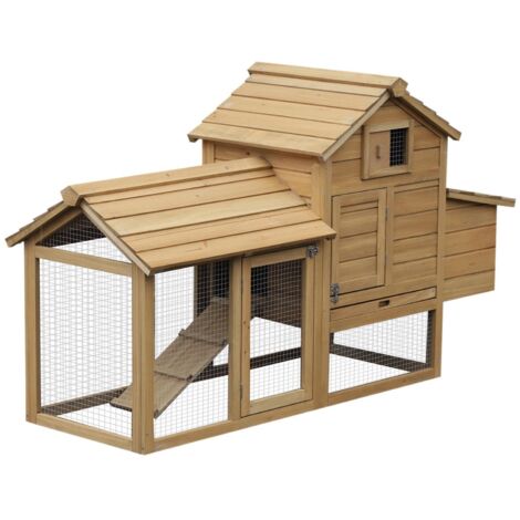 PawHut poulailler en bois avec nichoir et enclos extérieur, maison pour poules naines avec rampe 150,5 x 54 x 87 cm