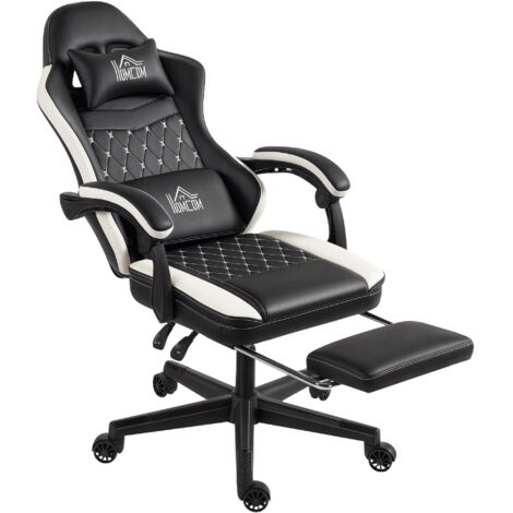 Fauteuil Gaming avec Repose-Pieds, Chaise PC avec Appui-Tête et Coussin Lombaire, Similicuir, Pivotant Réglable en Hauteur Noir/Blanc (1/5)