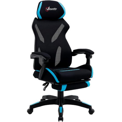 Chaise de jeu avec soutien lombaire, chaise de bureau ergonomique à hauteur réglable, revêtement en tissu noir et bleu, 65 x 65 x 119-129 cm (1/5)