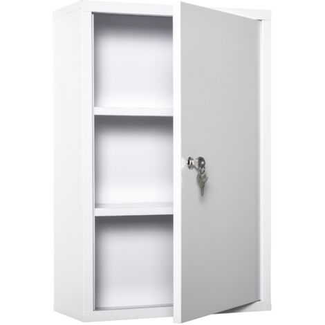 Armoire à pharmacie en acier à 3 niveaux avec 2 clés et fixation murale, 40 x 18 x 60 cm, blanche (1/5)