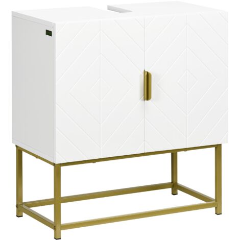 Meuble sous lavabo meuble de salle de bain avec placard double porte pieds en acier doré 60 x 30 x 65 cm blanc (1/5)