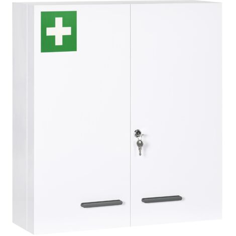 Armoire à pharmacie, 6 compartiments intérieurs, verrouillable, 2 portes, structure robuste en acier, blanche, 55 x 18 x 60 cm