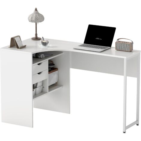 Bureau d'angle, bureau informatique avec 2 tiroirs et 3 compartiments ouverts, 120 x 60 x 74 cm, blanc (1/5)