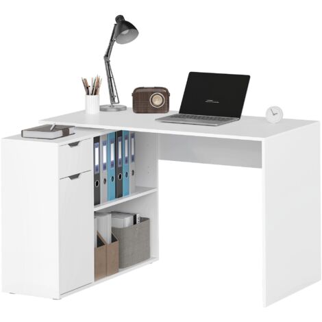 Bureau modulable, caisson à deux niveaux, tiroir, compartiments ouverts, bois, blanc (1/5)