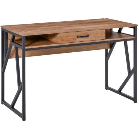 Bureau Style Industriel dim. 120L x 60l x 76H cm tiroir + 2 niches piètement métal Noir Plateau Aspect Bois Noyer (1/5)