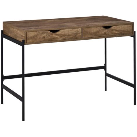 Bureau Style Industriel dim. 110L x 55L x 75H cm tiroir + 2 tiroirs piètement métal Noir Plateau MDF Aspect Bois (1/5)