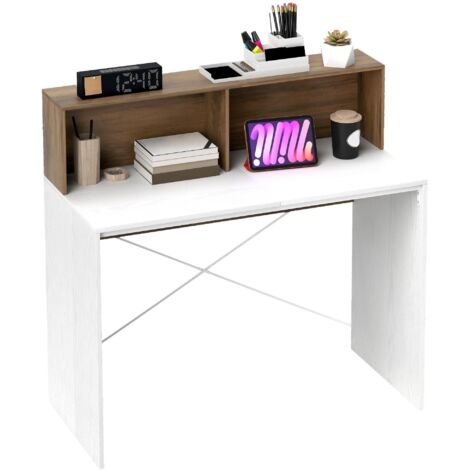 Bureau maison 110 cm avec surmeuble et étagères, table de travail moderne blanc/noyer, pour chambre et bureau, 60 kg max (1/5)
