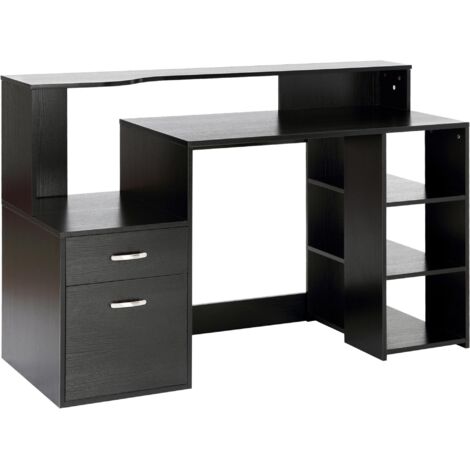 Bureau PC moderne avec rangement, 2 tiroirs, étagères ouvertes et tablette imprimante, 137x55x92 cm, noir (1/5)