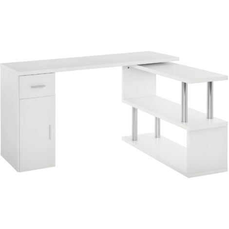 Bureau d'angle moderne en bois avec tiroir, armoire et étagères, mobilier de bureau et de maison, blanc
