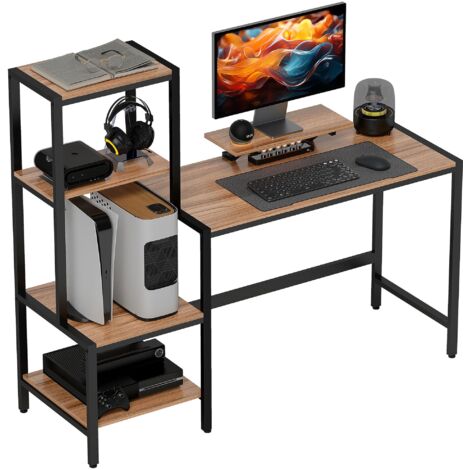 Bureau d'ordinateur avec support pour écran, bureau avec étagère à 4 niveaux, style industriel, marron (1/5)
