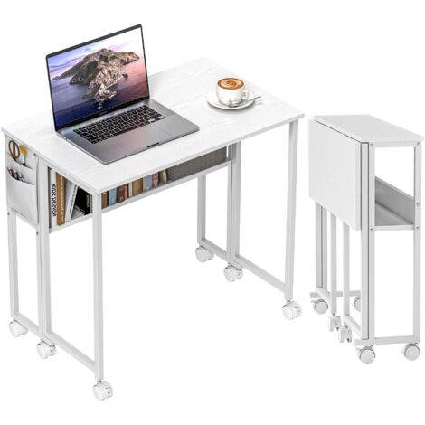 Bureau pliant 80 cm avec étagère de rangement, plateau rabattable et roulettes, table compacte blanche (1/5)