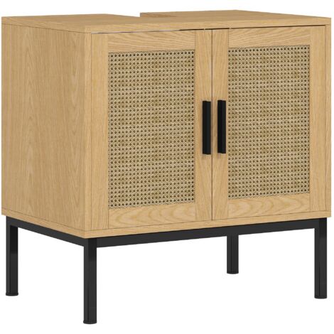 Meuble vasque de salle de bain de style bohème, armoire de salle de bain, éléments en rotin, découpe en forme de U, chêne (1/5)