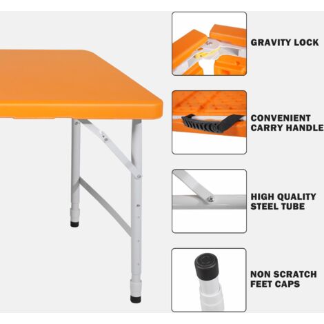 Table pliante robuste 125 cm avec poignée, hauteur réglable, multifonction camping/pique-nique, charge 135 kg, orange (1/5)