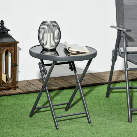 Table d’appoint pliante verre 45 x 45 x 50 cm, ronde, balcon/terrasse/salon, noire (1/5)