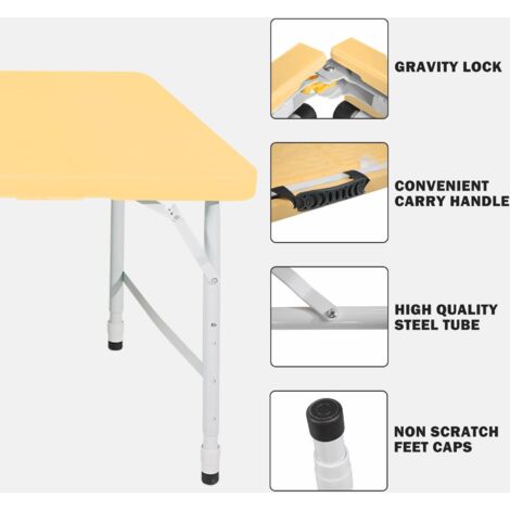 Table pliante robuste 125 cm avec poignée, hauteur réglable, multifonction camping/pique-nique, charge 135 kg, jaune clair (1/5)