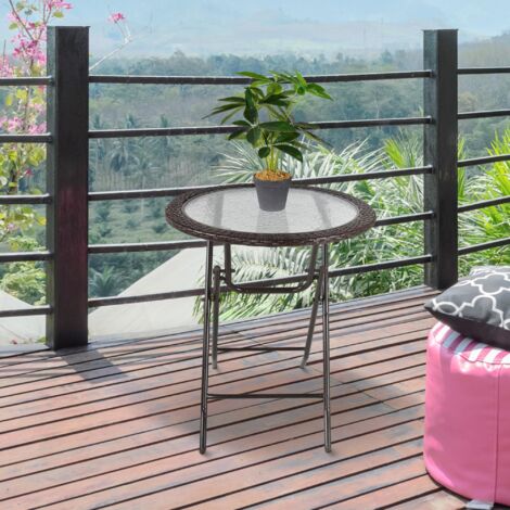 Table de camping pliante ronde Ø68cm avec décor en rotin et structure en acier robuste, idéale pour le jardin et les pique-niques. (1/5)