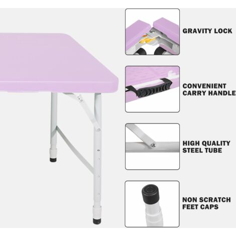 Table pliante robuste 125 cm avec poignée, hauteur réglable, multifonction camping/pique-nique, charge 135 kg, violet (1/5)