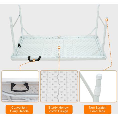 Table pliante robuste 125 cm avec poignée, hauteur réglable, multifonction camping/pique-nique, charge 135 kg, blanche (1/5)