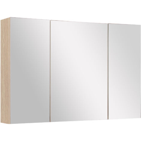 Armoire de salle de bain avec miroir, 3 portes à fermeture douce, miroir et étagères réglables, en bois et verre, 90 x 13,5 x 60 cm, coloris bois (1/5)