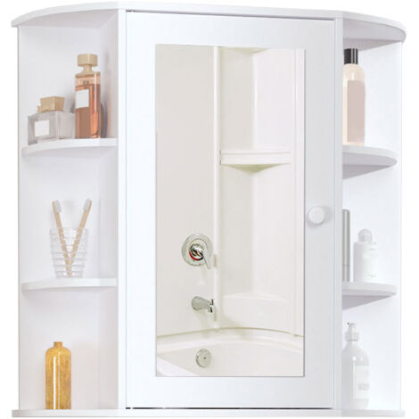 Armoire de salle de bain avec miroir, porte centrale et étagères en bois blanc (66 x 17 x 63 cm) (1/5)